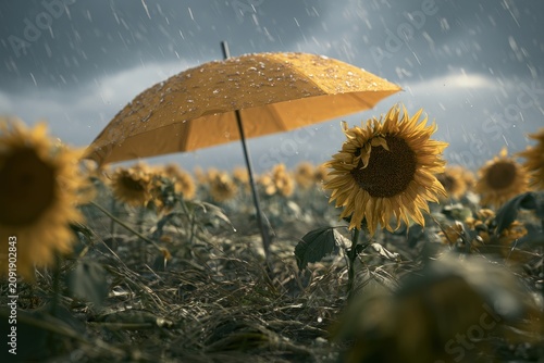 Yellow umbrella sheltering sunflower in rainy field with cinematic lighting and bokeh for insurance and protection marketing