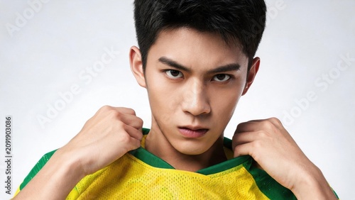 Young man in yellow and green sports jersey
