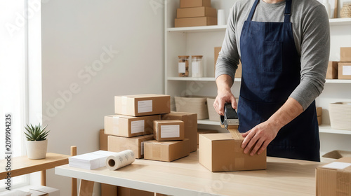 Small business owner managing online orders with care and focus packing cardboard boxes in bright room showing dedication and efficiency