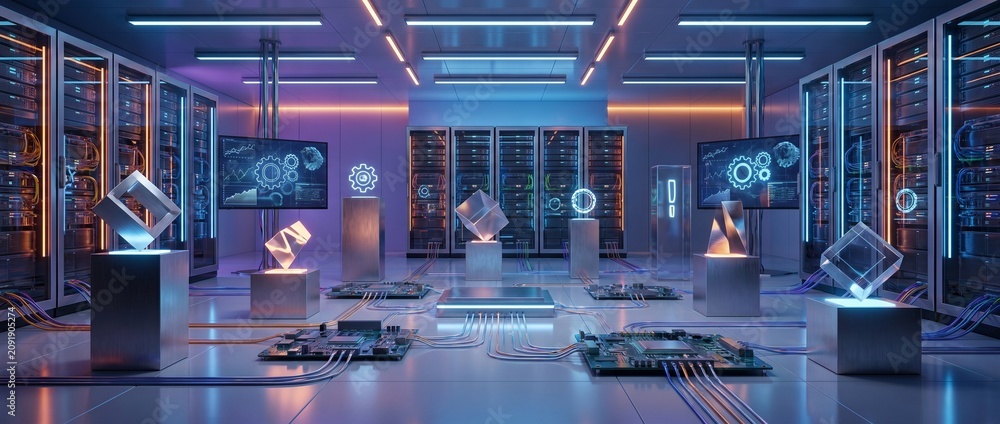 Obraz premium Futuristic High-Tech Server Room with Glowing Holographic Data Crystals and Advanced Quantum Computing Infrastructure