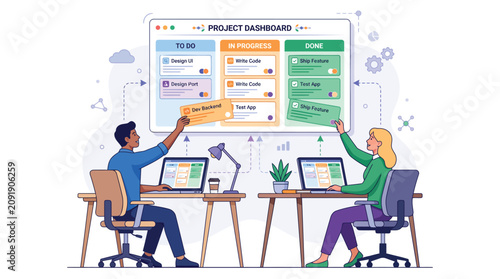 Business project dashboard, team collaboration, workflow management, office productivity tools, vector illustration
