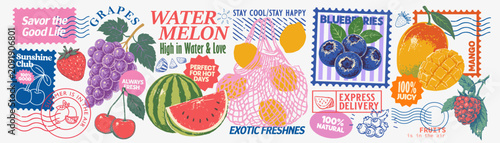 Fruit postage stamp collection featuring watermelon, grapes, blueberries, mango, cherries and strawberries with retro postal labels and marks. Summer vector set for branding, stickers and packaging.