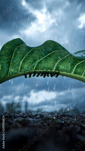 Firefly hides under a leaf in rain