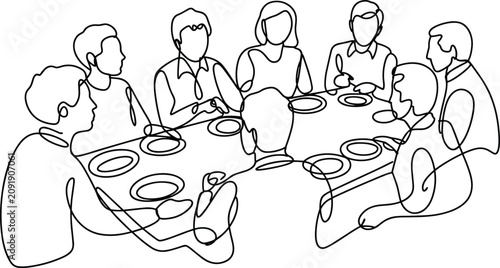 Minimalist dining table continuous line art, communal meal gathering scene flat vector
