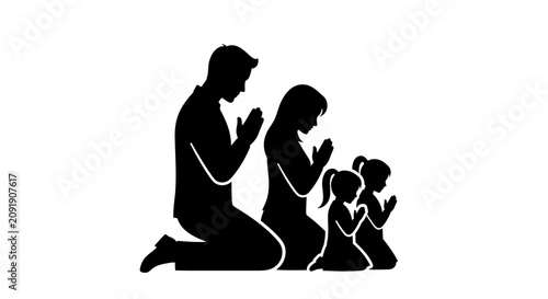 Tableau sur toile Silhouette of a Christian family kneeling and praying together.
