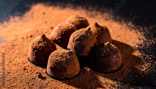 Rich Chocolate Truffles Dusted With Cocoa Powder on a Cocoa Surface
