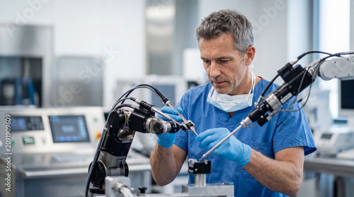 Obraz w ramie Medical Engineer Calibrating Precision Robotic Surgery System
