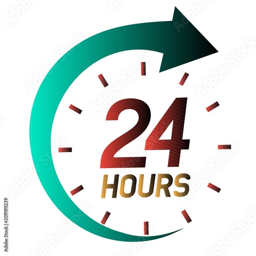 24 hours clock with green arrow icon isolated on white background