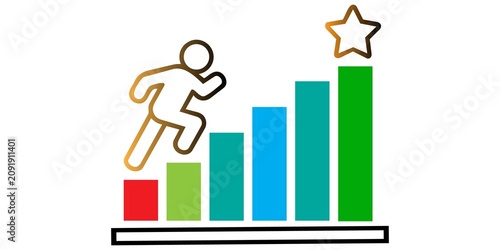 Running figure climbing colorful bar chart with star isolated on white background