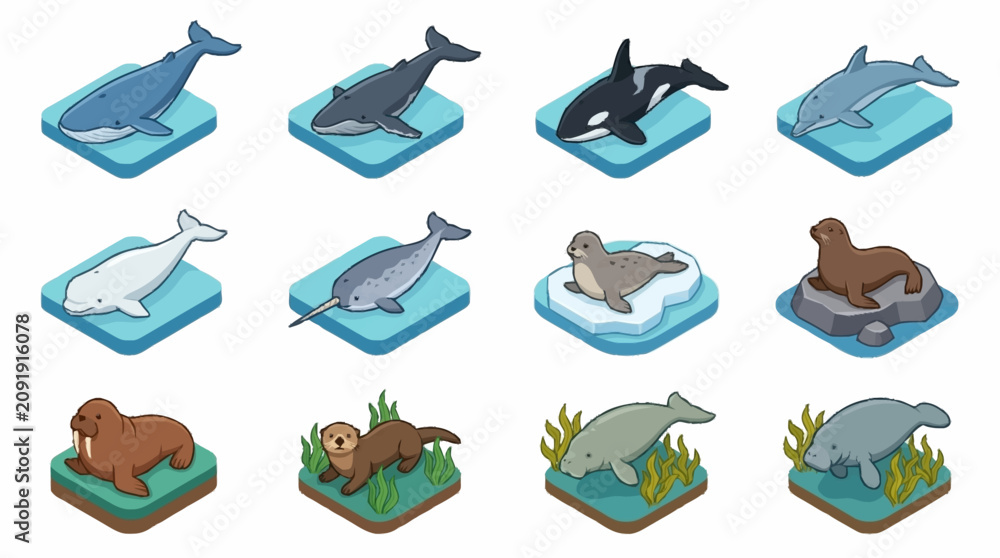 Εκτύπωση καμβά Collection of marine animals in isometric style illustration.