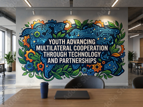 A vibrant wall mural in a modern office, depicting “youth advancing multilateral cooperation through technology and partnerships” with gears and map.