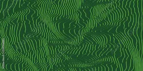 Broken monitor, glitch curve green lines pattern, screen interface system error. Waves from lines are a digital crash background. Ripple texture, moire effect. Vector
