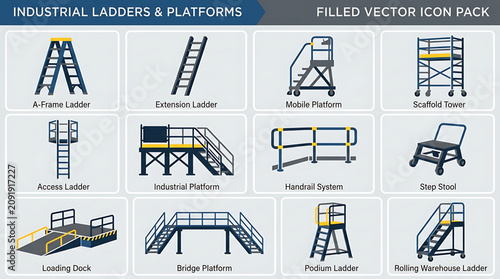 Industrial ladders and scaffolding equipment on platforms and construction sites with various structures