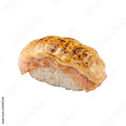 Delicious Aburi Salmon Nigiri Sushi with Torched Mayonnaise Topping.