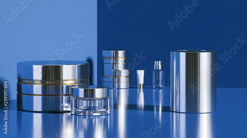 Blue Glass Bottles and Metallic Containers for Oil and Gas Industry Packaging Isolated on White Background with Blank Cosmetic Industrial Container Design Mockup 3D Illustration