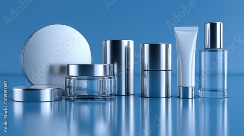 Blue Glass Bottles and Laboratory Test Tubes with Blue Liquid Isolated on White Background Scientific Cosmetic Packaging and Pharmaceutical Research Concept