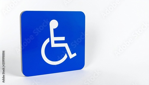 A blue square accessibility sign with white wheelchair symbol rests on a clean white background.