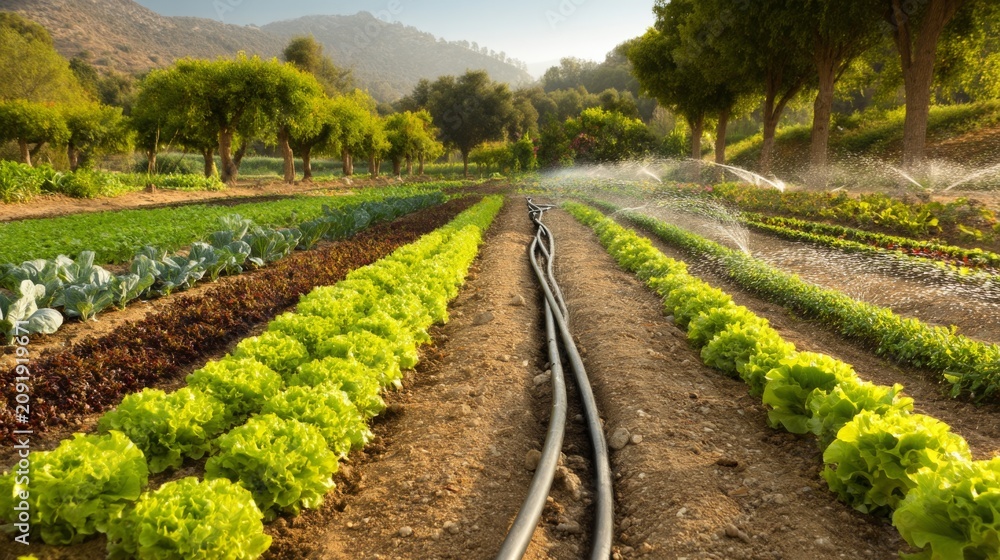 Naklejka premium Lush Green Vegetable Rows in a Sunlit Farm Field with Irrigation System and Scenic Landscape View in Soft Morning Light