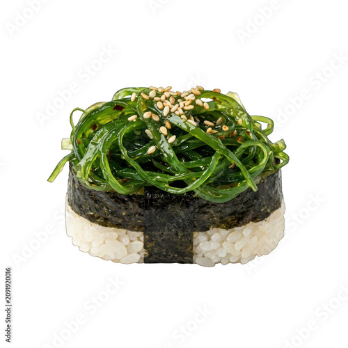 Delicious Wakame Seaweed Gunkan Maki Sushi with Sesame Seeds.