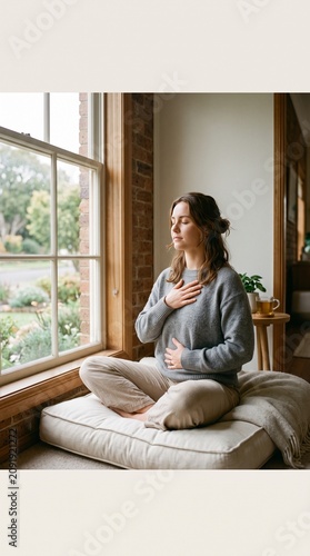 Vertical Authentic lifestyle photo of a serene woman in a cozy sweater practicing mindful breathing meditation by a window, connecting with herself for mental wellness and self-care.