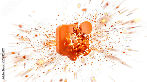 Exploding Chat Bubble Icon Symbol Shattering into Fragments Orange Color