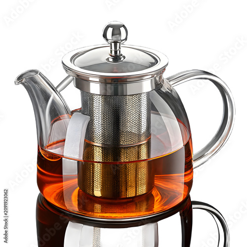 Stainless steel teapot with hot tea pouring on wooden surface