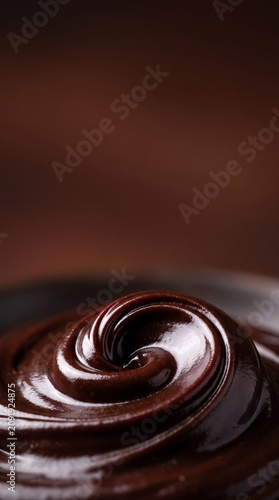 A vertical macro photograph of thick, glossy dark chocolate ganache forming a smooth swirl at the bottom, leaving an elegant plain dark brown negative space at the top for text.