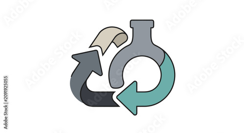 A stylized illustration of a laboratory flask integrated into a three-part circular arrow cycle, representing process, transformation, or recycling in science and industry.
