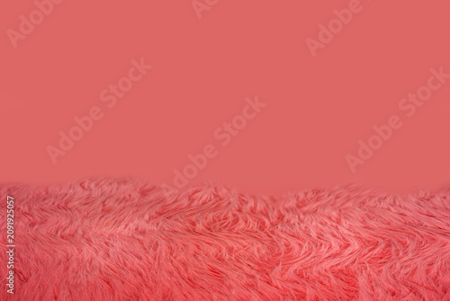 Fuzzy pink rug placed against a solid pink wall in a bright indoor space