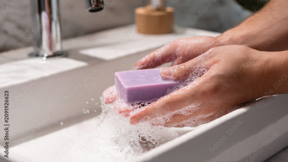 Fototapeta premium Hands washing with soap and water.