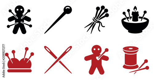 Fotografía Set of voodoo doll and sewing needle icons with pins and candles for magic and c