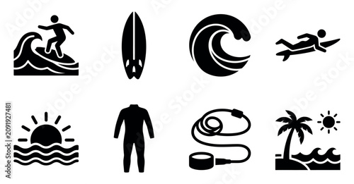 Obraz na płótnie Set of black surfing icons showing people on boards waves sun wetsuit and tropic