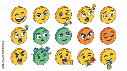 Photos Colorful cartoon emoji faces expressing various emotions.