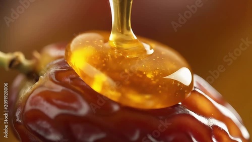 Golden honey dripping onto a fresh date