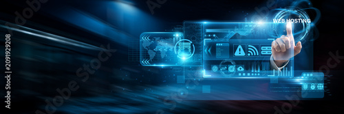 Bild auf Leinwand Businessman uses virtual smart dashboards analyzing web hosting data and server management systems, cloud infrastructure performance, website uptime monitoring, hosting optimization