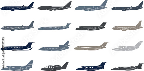 Fotografía Set of sleek flat vector icons representing various commercial jet airliners and