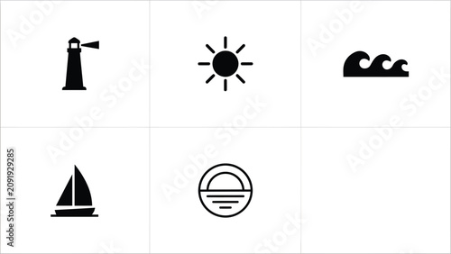 Bilde på lerret Minimalist coastal navigation icons set featuring lighthouse sun waves sailboat