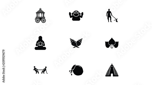 Εκτύπωση καμβά Modern minimalist black icon set featuring cultural symbols spiritual figures wi