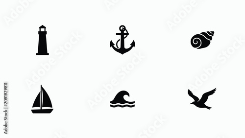 Bild auf Leinwand Stylish minimalist black sea voyage icons set featuring lighthouse anchor seashe
