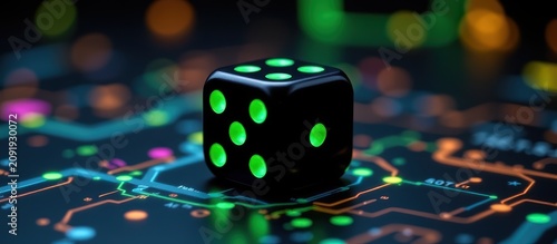 Black dice with green dots glowing on a colorful futuristic circuit board background.