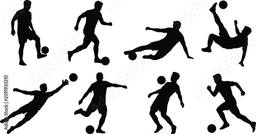 Принти на полотні Soccer Player Silhouette Collection with Dribbling Tackling Goalkeeping and Foot