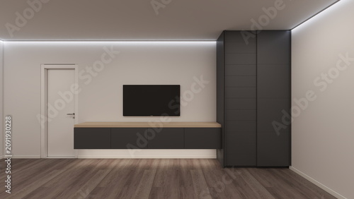 Tableau sur toile Modern minimalist living room with floating cabinets, wall-mounted TV, concealed