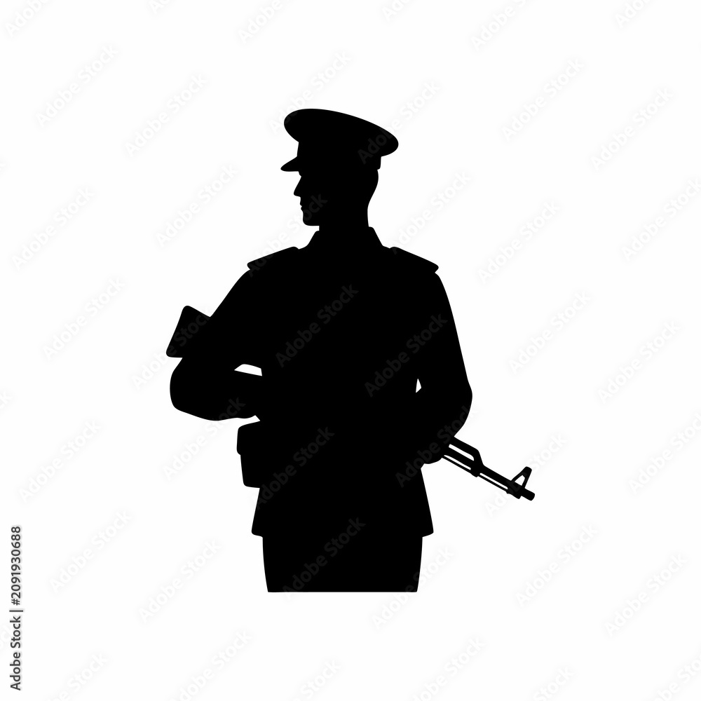 Fototapeta premium Silhouette of a soldier in uniform holding a rifle isolated on white background