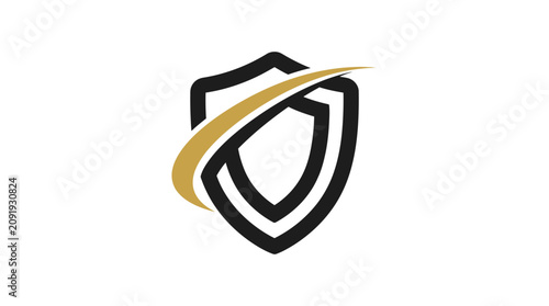 Shield logo with golden swoosh design.