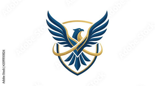 Blue and gold bird emblem logo.