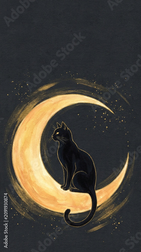 Minimalist Black Cat and Crescent Moon Gouache Wallpaper
