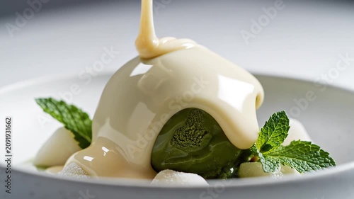 Close-up of Creamy Sauce Being Poured Over a Scoop of Matcha Green Tea Ice Cream