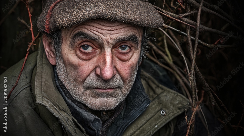Fototapeta premium Weathered Man in Field: Character Portrait of an Older Man in Nature