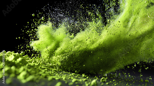 Vibrant green powder explodes against a dark background, creating a striking visual effect perfect for creative designs.