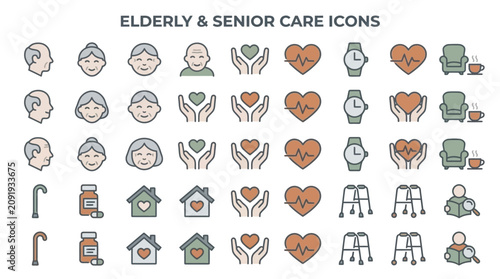 Comprehensive Linear Icon Collection Representing Elderly Care, Senior Citizen, Aging Population, Retirement, Nursing Assistance, Healthcare Support for Grandparent, and Pensioner Lifestyle Symbol.